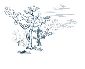 tree forest card nature landscape view landscape card vector sketch illustration japanese chinese oriental line art