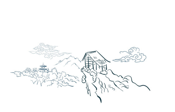 mountain cliff card nature landscape view landscape card vector sketch illustration japanese chinese oriental line art