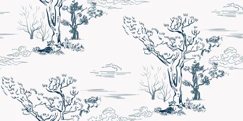 Plaid mouton avec motif Forêt arbre forêt japonais chinois conception croquis encre peinture style modèle sans couture