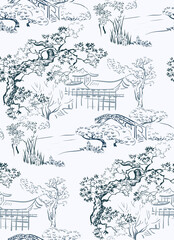 temple japonais chinois design croquis encre peinture style modèle sans couture