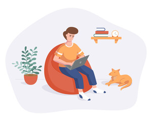 Fototapeta premium Freelance man work from home comfortable space on chair with computer flat style vector illustration isolated on white. Freelancer character self employed concept working online.