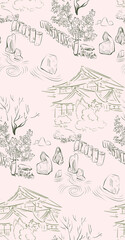 stone garden japanese chinese design sketch ink paint style seamless pattern