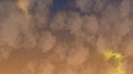 Evening time, orange sky, clouds and rain with thunderstorm. Realistic weather animation
