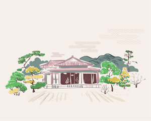 garden house card nature landscape view landscape card vector sketch illustration japanese chinese oriental line art
