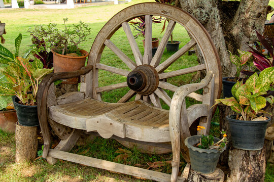 Wagon Wheel Chair with flower pots