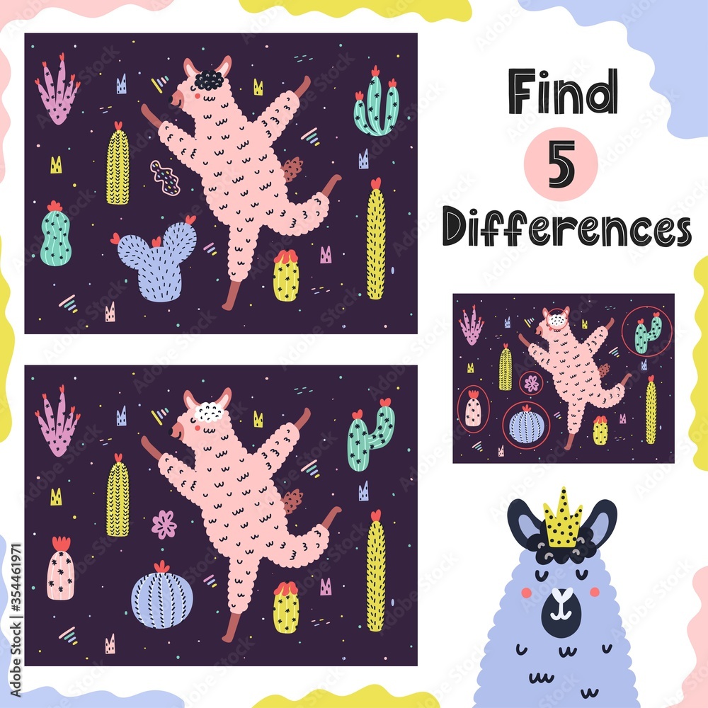 Wall mural find 5 differences game for kids with funny alpaca