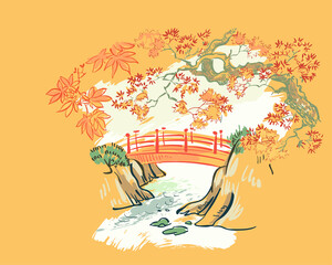 bridge maple autumn card nature landscape view landscape card vector sketch illustration japanese chinese oriental line art