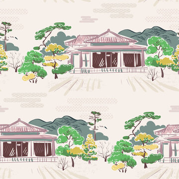 house garden japanese chinese design sketch ink paint style seamless pattern © CharlieNati