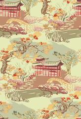 temple japanese chinese design sketch ink paint style seamless pattern
