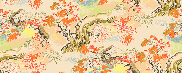 maple japanese chinese design sketch ink paint style seamless pattern