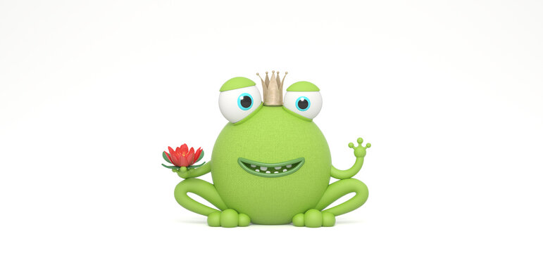 Funny green frog prince character with big eyes on white background 3d render 3d illustration	