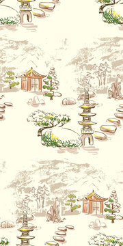 stone garden japanese chinese design sketch ink paint style seamless pattern © CharlieNati