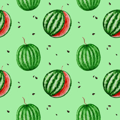 Watermelon fruit seamless patterns watercolor hand drawn illustration, fresh healthy food - natural organic food fabric texture on light green background. Scrapbook digital paper