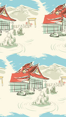 Naklejka premium stone garden japanese chinese design sketch ink paint style seamless pattern