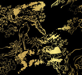 maple birds japanese chinese design sketch black gold style seamless pattern