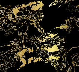 Foto op Plexiglas Zwart goud esdoorn vogels japans chinees ontwerp schets zwart goud stijl naadloos patroon