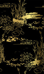 river pond flower japanese chinese design sketch black gold style seamless pattern