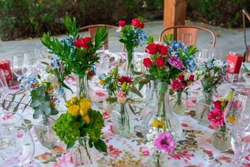 Wedding reception photo. Glasses and flowers on tables. No people.