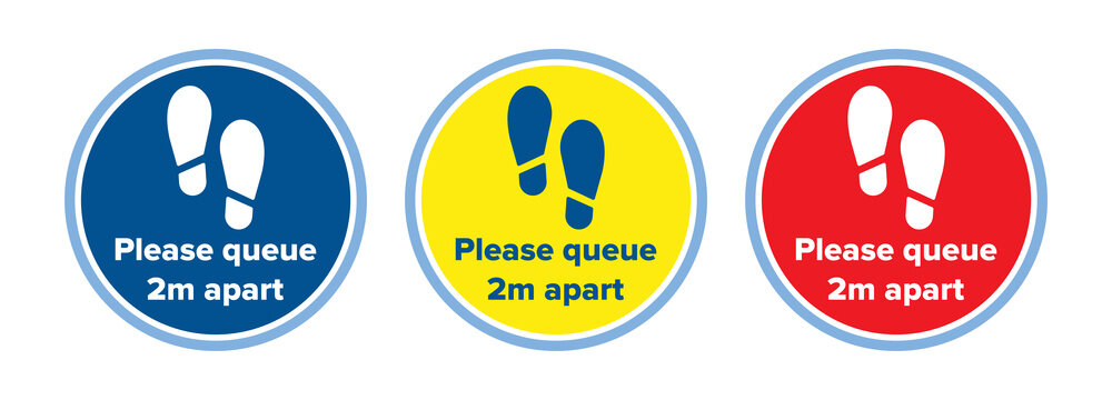 Social distancing 2m metre distance apart floor decal for Coronavirus Covid-19 outbreak pandemic quarantine. Please queue 2m apart from other people with feet footsteps icon