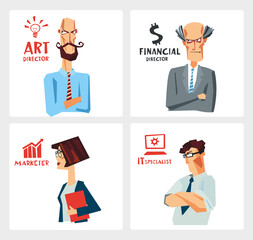 Fototapeta na wymiar Various office professions. A grotesquely drawn art director, financial director, marketer and IT specialist. Cartoon characters