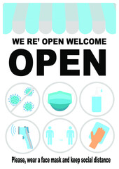 REOPENING text and practical prevention tips for the prevention of COVID19 coronavirus contamination. Service, restaurant, shop and cafe re-opening. Template: door sign, banner, blog.