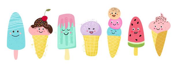 Set of kawaii ice cream. Cute hand drawn face emotions in cartoon flat style