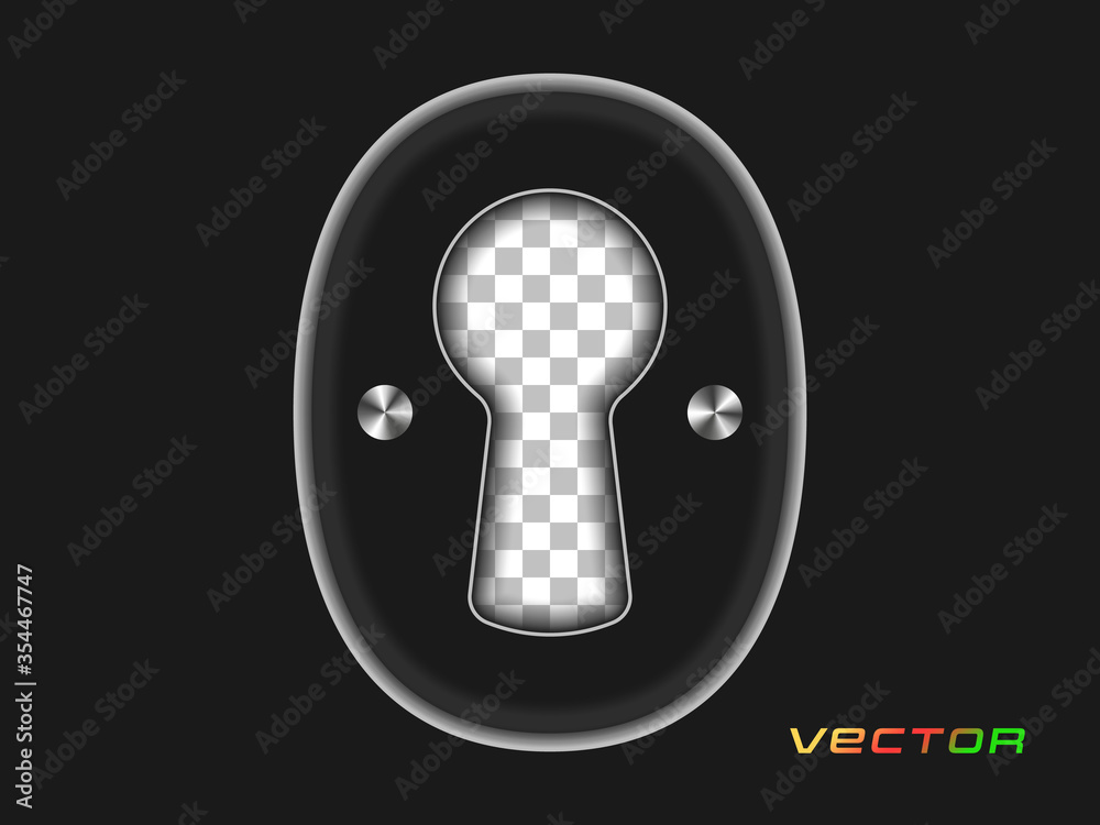 Poster keyhole on metal fasteners with a through hole with a shadow. vector overlay template. illustration 