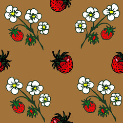 seamless background of hand-drawn berries, flowers and strawberry leaves, isolated on a white and colored background