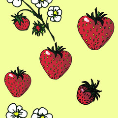 seamless background of hand-drawn berries, flowers and strawberry leaves, isolated on a white and colored background