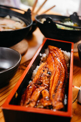 high angle view of japanese unagi meal on table
