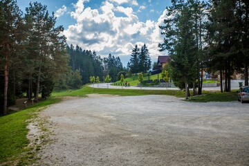 View of the parking lot at a glamping site at Lake Bloke, Nova Vas, Slovenia