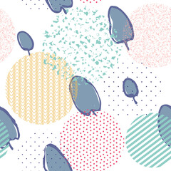 Seamless pattern with leaves, circles. Beautiful seamless pattern with hand-drawn plants. Nature vector print.