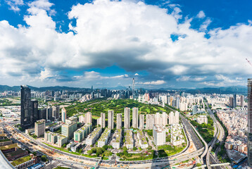 Skyline of high-rise urban skyline in Nanshan District, Shenzhen, China under clear sky