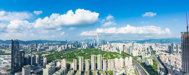 Obraz na płótnie Canvas Skyline of high-rise urban skyline in Nanshan District, Shenzhen, China under clear sky