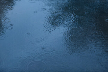 Raindrops on a water surface - a rainy weather background