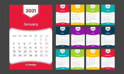 Colorful calendar design for 2021, schedule calendar, events calendar, meeting planner, desk, and wall calendar template