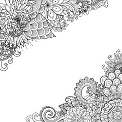 Line are of beautiful flowers in the corner with copy space for banner, print on cards and adult coloring book page. Vector illustration
