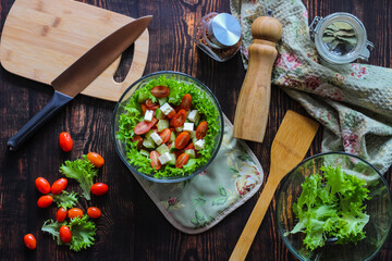 Cooking a salad of fresh vegetables, good nutrition