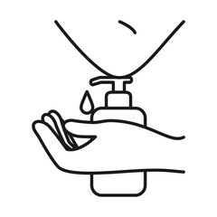 elbow pushing a bottle of soap from hands, line style