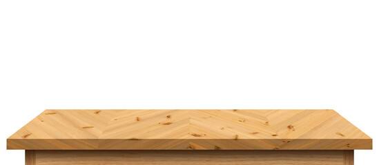 Empty wooden tabletop isolated on white background. For your product placement or montage with focus to the table top in the foreground. Empty pine wooden shelf. shelves