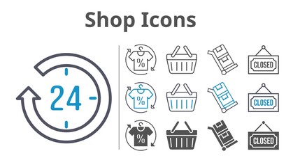 shop icons icon set included 24-hours, shirt, closed, shopping-basket, shopping basket, trolley icons
