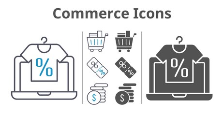 commerce icons icon set included online shop, money, shopping cart, discount icons