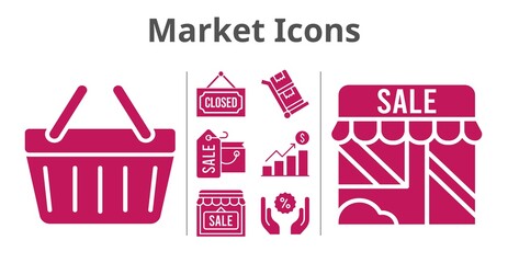 market icons set. included shopping bag, profits, shop, closed, discount, shopping-basket, trolley icons. filled styles.