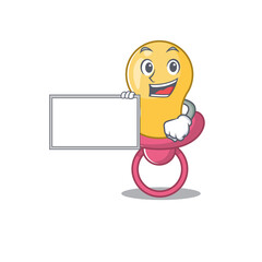 Cartoon character design of baby pacifier holding a board