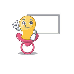 Baby pacifier cartoon design with Thumbs up finger bring a white board