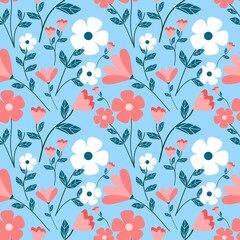Colorful Flower Seamless Pattern Blue Background