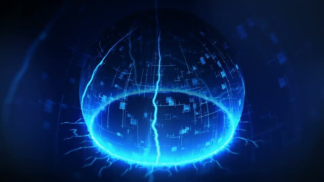 Show digital sphere from cracked ground. Half of sphere shield. Concept of protection and safety. Transparent energy force. Barrier dome. Loop animation.