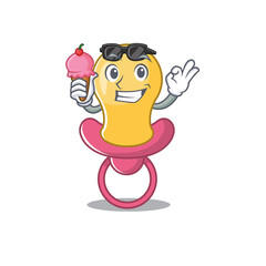 A cartoon drawing of baby pacifier holding cone ice cream