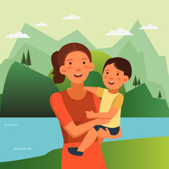 Happy, smiling mom holding her baby boy in her arms. Happy family vector concept. Cute boy and young woman. Summer mountain landscape background