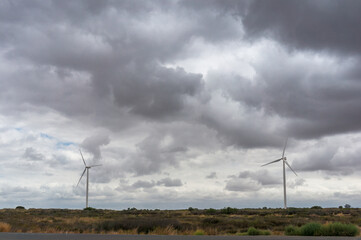 Wind farm with wind turbines windmills generating sustainable electricity